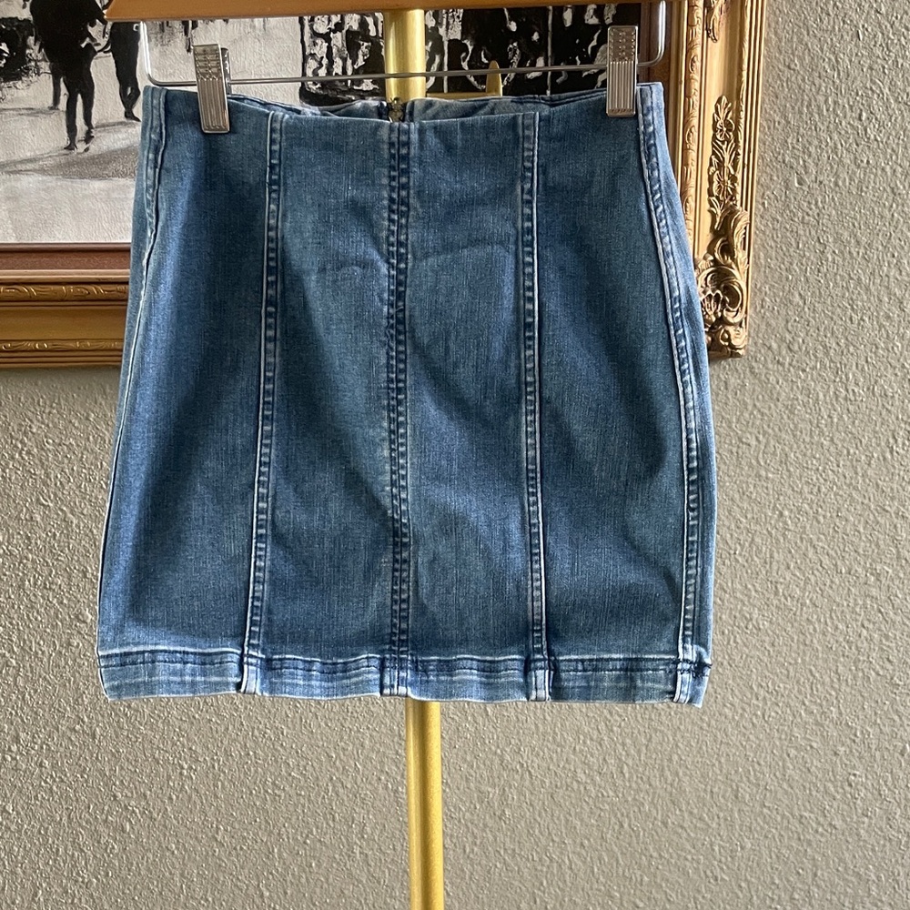 Free People Blue Denim Mini Skirt with Vertical Panel Seams